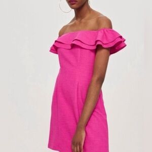 Topshop Off-Shoulder Pink Ruffle Mini Dress